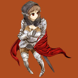 Rule 34 | 1girl, armor, boots, breastplate, brown eyes, brown hair, cape, capelet, cervus, chainmail, full armor, gauntlets, greaves, looking away, original, pauldrons, red eyes, shoulder armor, simple background, solo, sword, weapon