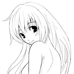 Rule 34 | 1girl, blush, breasts, female focus, greyscale, long hair, lowres, monochrome, nude, sketch, solo, white background