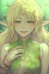 Rule 34 | 1girl, artist name, bare shoulders, blonde hair, blouse, dappled sunlight, day, deedlit, elf, gofelem, green eyes, green shirt, green theme, hair between eyes, highres, looking at viewer, open mouth, outdoors, pointy ears, record of lodoss war, shirt, sleeveless, solo, sunlight, teeth, tongue, twitter username, upper body, watermark