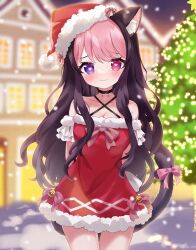 Rule 34 | 1girl, absurdres, animal ear fluff, animal ears, bell, black choker, black hair, blurry, blurry background, bow, breasts, building, cat ears, cat girl, cat tail, choker, christmas tree, collarbone, criss-cross halter, darlingstrawb, dress, fur-trimmed dress, fur-trimmed headwear, fur trim, halterneck, hat, hat bow, heart, heart-shaped pupils, heterochromia, highres, indie virtual youtuber, multicolored hair, pink bow, pink eyes, pink hair, pom pom (clothes), purple eyes, red bow, red dress, santa dress, santa hat, second-party source, shake (noripasuta), short dress, snow, snowing, solo, symbol-shaped pupils, tail, tail bow, tail ornament, two-tone bow, two-tone hair, virtual youtuber