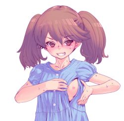 Rule 34 | 10s, 1girl, blush, breast slip, breasts, brown hair, collarbone, highres, honzawa yuuichirou, kantai collection, nipples, one breast out, ryuujou (kancolle), simple background, small breasts, smile, solo, sweat, twintails, white background