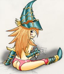 Rule 34 | 1girl, ass, blue eyes, blush, boots, breasts, brown hair, duel monster, garter belt, hat, kohdoku, large breasts, looking back, magician&#039;s hat, magician&#039;s valkyria, nipples, solo, wet fingers, yu-gi-oh!, yu-gi-oh! duel monsters