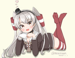Rule 34 | 1girl, amatsukaze (kancolle), brown dress, commentary request, dated, dress, fang, full body, hair tubes, heart, kantai collection, long hair, looking at viewer, lying, masara (chuujou), on stomach, one-hour drawing challenge, open mouth, red thighhighs, sailor dress, short dress, silver hair, simple background, skin fang, smile, solo, striped clothes, striped thighhighs, the pose, thighhighs, twitter username, two side up, white background