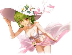 Rule 34 | 1girl, adjusting clothes, adjusting headwear, alpha transparency, arm up, artist request, bikini, blue gemstone, bracelet, braid, breasts, c.c., cleavage, code geass, code geass: lost stories, cropped legs, crown braid, dutch angle, female focus, flower, game cg, gem, gold, green hair, groin, hair between eyes, hair ribbon, hair rings, hat, hat flower, hat ribbon, highres, jewelry, lace, lace-trimmed bikini, lace trim, leaning forward, lily (flower), looking at viewer, medium breasts, navel, non-web source, o-ring, o-ring bikini, o-ring bottom, official art, parted lips, pink ribbon, pink sarong, ribbon, sarong, see-through, see-through sarong, shiny skin, short hair, sidelocks, simple background, solo, standing, stomach, sun hat, swimsuit, teeth, thighs, transparent background, white hat, white ribbon, yellow eyes, yellow flower