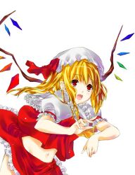 Rule 34 | 1girl, ascot, blonde hair, cowboy shot, fang, flandre scarlet, frilled skirt, frills, hat, highres, kasumi komo, looking at viewer, medium hair, mob cap, multicolored wings, navel, open mouth, puffy short sleeves, puffy sleeves, red eyes, red ribbon, red skirt, red vest, ribbon, shirt, short sleeves, simple background, skirt, skirt set, sleeve ribbon, solo, teeth, touhou, upper teeth only, vest, white background, white hat, white shirt, wings, yellow ascot