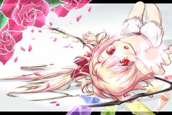 Rule 34 | 1girl, blonde hair, bloomers, blush, crystal, fang, flandre scarlet, flower, gradient background, letterboxed, looking at viewer, lying, musao, on back, open mouth, petals, red eyes, rose, side ponytail, solo, topless, touhou, underwear, upside-down, wings