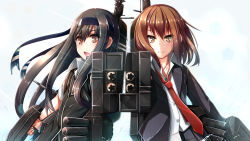 Rule 34 | 10s, 2girls, aiming, aiming at viewer, black jacket, black skirt, brown eyes, brown hair, closed mouth, collarbone, collared shirt, dual wielding, fuuki (te fuukin), hair between eyes, hatsushimo (kancolle), headband, highres, holding, jacket, kantai collection, long hair, long sleeves, looking at viewer, loose necktie, multiple girls, necktie, open mouth, pointing weapon, red necktie, remodel (kantai collection), rifling, rigging, shirt, short hair, short sleeves, skirt, turret, wakaba (kancolle), white shirt