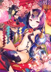 Rule 34 | alcohol, bare shoulders, bottle, breasts, bug, butterfly, cup, fangs, fate/grand order, fate (series), fingerless gloves, fuzichoco, gloves, holding, holding bottle, horns, insect, looking at viewer, medium breasts, navel, parted lips, purple eyes, purple hair, revealing clothes, sakazuki, sake, sake bottle, short hair, shuten douji (fate), skin-covered horns, teeth, thick eyebrows