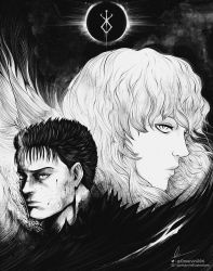 Rule 34 | 2boys, absurdres, berserk, blood, blood on face, brand of sacrifice, eclipse, expressionless, greyscale, griffith (berserk), guts (berserk), highres, instagram username, male focus, marvin (omarvin), monochrome, multiple boys, one eye closed, scar, scar on face, scar on nose, signature, twitter username