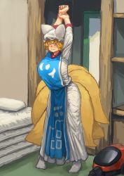 Rule 34 | 1girl, adapted costume, animal hat, arms up, bed, blonde hair, blush, breasts, chanta (ayatakaoisii), closed eyes, fox tail, full body, hat, highres, huge breasts, indoors, long skirt, long sleeves, mob cap, multiple tails, no shoes, nose blush, pillow, shirt, short hair, skirt, smile, solo, stretching, tabard, tabi, tail, touhou, vacuum cleaner, white legwear, white shirt, white skirt, yakumo ran