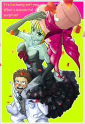 Rule 34 | 1boy, 1girl, 1gou, black dress, blonde hair, blue nose, blush, bow, brown hair, colored skin, dress, elbow gloves, english text, formal, frilled dress, frills, gloves, green skin, grey eyes, hat, necktie, one piece, pants, pink hat, scar, short hair, stitches, suit, tony tony chopper, victoria cindry, white pants, white suit, zombie