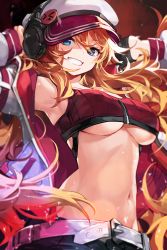 Rule 34 | 1girl, armpits, arms up, bare shoulders, belt, black gloves, blue eyes, blurry, breasts, crop top, gloves, goomrrat, gradient hair, grin, hat, headphones, highres, jacket, long hair, looking at viewer, medium breasts, midriff, multicolored hair, navel, off shoulder, open clothes, open jacket, orange hair, original, peaked cap, red shirt, shirt, sleeveless, sleeveless shirt, smile, solo, stomach, underboob, upper body, white hat, white jacket