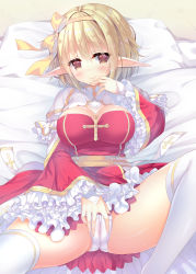Rule 34 | 1girl, arch bishop (ragnarok online), blonde hair, blush, bow, breasts, brown eyes, cameltoe, cleavage cutout, closed mouth, clothing cutout, commentary request, cross, dress, feet out of frame, frilled dress, frilled sleeves, frills, hair between eyes, hair bow, kizuki erika, large breasts, looking at viewer, lying, official alternate costume, on back, on bed, panties, pointy ears, ragnarok online, sash, short hair, smile, solo, thighhighs, two-tone dress, underwear, white dress, white panties, white thighhighs, yellow bow, yellow sash