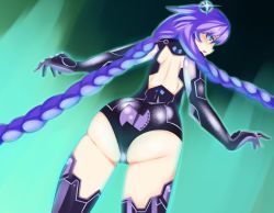 Rule 34 | 10s, 1girl, artist request, ass, blue eyes, blush, bodysuit, braid, from behind, gloves, hair ornament, highres, long hair, looking back, neptune (neptunia), neptune (series), open mouth, purple hair, purple heart (neptunia), shiny clothes, shiny skin, solo, thighhighs, twin braids, very long hair