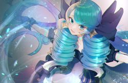 Rule 34 | 1girl, blue eyes, blue hair, close-up, drill hair, gloves, gradient background, gwen (league of legends), highres, league of legends, long hair, looking to the side, matching hair/eyes, open mouth, ribbon, scissors, solo, star-shaped pupils, star (symbol), symbol-shaped pupils