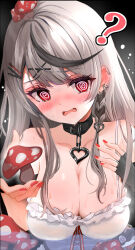 Rule 34 | 1girl, ?, @ @, absurdres, belt collar, black collar, black gloves, black hair, blush, breasts, camisole, collar, fang, fingerless gloves, gloves, grey hair, hair ornament, hairpin, heart, heart collar, highres, holding, holding mushroom, hololive, kamineshi, large breasts, looking at viewer, medium hair, multicolored hair, mushroom, nail polish, open mouth, red eyes, red nails, sakamata chloe, sakamata chloe (1st costume), skin fang, streaked hair, sweat, virtual youtuber, white camisole, x hair ornament