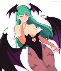 animal_print bare_shoulders bat_print black_leotard breasts celebelian cleavage clothing_cutout cowboy_shot cutout_above_navel darkstalkers demon_girl demon_wings earrings green_eyes green_hair head_wings heart_cutout highleg highleg_leotard highres jewelry leotard long_hair medium_breasts morrigan_aensland multiple_wings pantyhose print_pantyhose purple_pantyhose simple_background smile twitter_username white_background wings