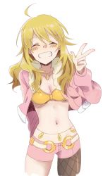 Rule 34 | 1girl, ^ ^, ahoge, azucham, bad id, bad pixiv id, blonde hair, blush, breasts, cleavage, closed eyes, closed eyes, grin, highres, hoshii miki, idolmaster, idolmaster (classic), jacket, jewelry, long hair, midriff, navel, necklace, open clothes, open jacket, pantyhose, single leg pantyhose, smile, solo, v