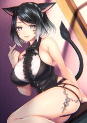 Rule 34 | 1girl, animal ears, arm support, bare arms, bare shoulders, black hair, black leotard, braid, breasts, cat ears, cat girl, cat tail, commission, crown braid, day, facial mark, final fantasy, final fantasy xiv, finger heart, grey eyes, hand up, indoors, large breasts, leotard, looking at viewer, miqo&#039;te, parted lips, sideboob, sitting, skeb commission, skindentation, solo, sorai shin&#039;ya, star (symbol), sunlight, swept bangs, tail, whisker markings, window