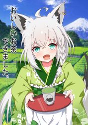 Rule 34 | 1girl, absurdres, ahoge, animal ear fluff, animal ears, apron, blush, braid, commentary request, cup, day, earrings, ekaki mato, fox ears, fox girl, fox tail, green eyes, green kimono, hair between eyes, highres, holding, holding plate, hololive, japanese clothes, jewelry, kimono, long hair, looking at viewer, maid, maid apron, mountain, open mouth, outdoors, plate, shirakami fubuki, sidelocks, single braid, solo, tail, tea, translated, virtual youtuber, wa maid, white hair, yunomi