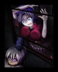 Rule 34 | 2girls, absurdres, against glass, against window, black border, black neckwear, black ribbon, black skirt, blood, blue eyes, blue headwear, border, breasts, cabbie hat, chinese clothes, commentary request, crying, crying with eyes open, fangs, grey hair, hair between eyes, hat, highres, indoors, japanese clothes, kariginu, lace-trimmed sleeves, lace trim, large breasts, long hair, looking at another, miyako yoshika, mononobe no futo, multiple girls, nekonekosan (kemushima3), open mouth, ponytail, purple eyes, purple hair, purple headwear, rain, red shirt, ribbon, scared, shirt, short hair, short sleeves, skirt, sleeves past fingers, sleeves past wrists, tangzhuang, tate eboshi, tears, touhou, upper body