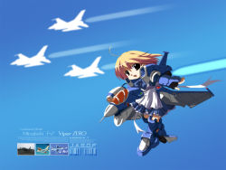 Rule 34 | 1girl, ahoge, aircraft, airplane, apron, armor, brown eyes, brown hair, fighter jet, jet, mecha musume, military, military vehicle, mitsubishi f-2, original, product girl, smile, solo