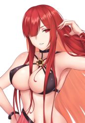 Rule 34 | 1girl, armpits, bare shoulders, bikini, black bikini, black choker, breasts, choker, crimecrime, fate/grand order, fate (series), grin, hair over one eye, hand on own hip, hand up, highres, large breasts, long hair, looking at viewer, navel, oda nobunaga (fate), oda nobunaga (maou avenger) (fate), red eyes, red hair, red ribbon, ribbon, simple background, smile, solo, swimsuit, upper body, very long hair, white background, wristband