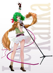 Rule 34 | 1girl, :d, ahoge, arm up, bare legs, bracelet, character name, fingerless gloves, frilled skirt, frills, fringe trim, from behind, full body, gloves, graphite (medium), green hair, highres, jewelry, looking back, m/, macross, macross frontier, macross frontier: sayonara no tsubasa, microphone, midriff peek, miniskirt, open mouth, pandaun, plaid, plaid scarf, ranka lee, red eyes, scarf, shiny skin, shirt, short hair, skirt, sleeveless, smile, solo, standing, stretching, striped clothes, striped shirt, tiptoes, traditional media