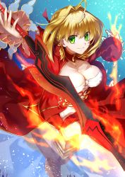 Rule 34 | 10s, 1girl, ahoge, blonde hair, breasts, cleavage, closed mouth, commentary request, dress, fate/extra, fate/grand order, fate (series), green eyes, hair intakes, large breasts, looking at viewer, nero claudius (fate), nero claudius (fate) (all), nero claudius (fate/extra), nina (pastime), red dress, short hair, smile, solo