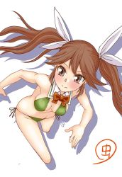 Rule 34 | 1girl, artist logo, bikini, blush, bow, bowtie, breasts, breasts apart, brown eyes, brown hair, closed mouth, collar, green bikini, green bow, green bowtie, hair ribbon, highres, kantai collection, long hair, medium breasts, mushi mushi ex, one-hour drawing challenge, ribbon, shadow, simple background, smile, solo, swimsuit, tone (kancolle), twintails, white background, white collar, white ribbon