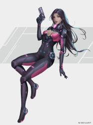 Rule 34 | 1girl, black hair, bodysuit, breasts, breasts apart, cleavage cutout, clothing cutout, commission, cyborg, full body, gun, highres, holding, holding gun, holding weapon, lips, long hair, looking at viewer, medium breasts, nibelart, original, parted lips, red eyes, science fiction, simple background, solo, weapon