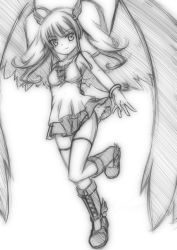 Rule 34 | 1girl, greyscale, highres, minaha (playjoe2005), monochrome, ririmuhime (shikihime zoushi), shikihime zoushi, simple background, sketch, smile, solo, twintails, white background, wings