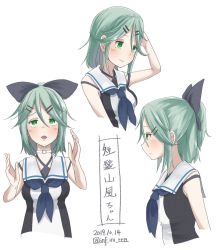 Rule 34 | 1girl, alternate hair length, alternate hairstyle, bow, commentary request, dated, green eyes, green hair, hair bow, hair down, hair ornament, hairclip, half updo, infini, kantai collection, profile, short hair, signature, sleeveless, translated, uniform, yamakaze (kancolle)