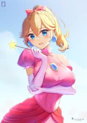 Rule 34 | 1girl, absurdres, arm under breasts, artist name, blonde hair, blue brooch, blue eyes, bow, breast hold, breasts, chinchongcha, covered navel, crossed arms, dress, earrings, gloves, hair ribbon, highres, jewelry, large breasts, long hair, looking at viewer, mario (series), nintendo, open mouth, pink bow, pink dress, ponytail, princess peach, princess peach: showtime!, ribbon, smile, solo, upper body, wand, white gloves