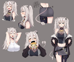 Rule 34 | !, !!, 2girls, absurdres, alternate costume, alternate hairstyle, angry, animal ears, ass, black jacket, blonde hair, blush, breasts, burger, chibi, cleavage, commentary, covered erect nipples, cropped torso, english commentary, fangs, food, from side, grey background, grey hair, grey skirt, head tilt, highres, holding, holding food, hololive, horns, jacket, large breasts, lighto, lion ears, lion girl, lion tail, multiple girls, multiple views, navel, o-ring, o-ring thigh strap, off shoulder, open mouth, sheep girl, sheep horns, shishiro botan, shishiro botan (1st costume), single leg pantyhose, skirt, smile, speech bubble, tail, tank top, tearing up, thigh strap, torn clothes, torn legwear, tsunomaki watame, twintails, v-shaped eyebrows, virtual youtuber, white tank top, yawning