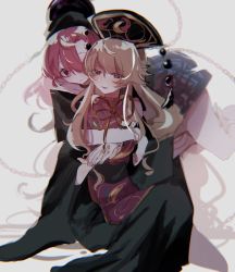 Rule 34 | 2girls, ayahi 4, black dress, blurry, chain, chained, chinese clothes, collar, cuffs, depth of field, dress, hecatia lapislazuli, highres, hug, hug from behind, junko (touhou), long hair, multiple girls, tabard, touhou, wide sleeves