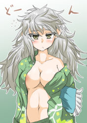 Rule 34 | 10s, 1girl, alternate hairstyle, areola slip, asymmetrical hair, bare shoulders, breasts, collarbone, colored eyelashes, female focus, hair down, highres, kantai collection, konoshige (ryuun), large breasts, long hair, looking at viewer, messy hair, navel, no bra, open clothes, pajamas, saliva, simple background, solo, unryuu (kancolle), very long hair, yellow eyes