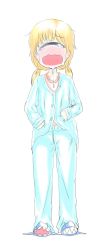 Rule 34 | 1girl, blonde hair, crying, cyclops, closed eyes, female focus, full body, highres, kurome shirome, low twintails, monster girl, one-eyed, open mouth, original, pajamas, slippers, solo, standing, tears, twintails, wavy mouth