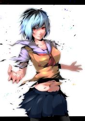 Rule 34 | 10s, 1girl, ben-tou, blue hair, glowing, glowing eyes, grin, letterboxed, messy hair, midriff, outstretched arms, pantyhose, red eyes, sakura shounen (hiroz), school uniform, serafuku, short hair, skirt, smile, solo, spread arms, sweater vest, torn clothes, wind, yarizui sen