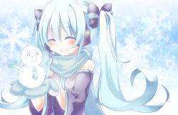 Rule 34 | 1girl, aqua hair, detached sleeves, closed eyes, hatsune miku, headphones, highres, mikoko (mg2), mittens, necktie, scarf, smile, snowman, solo, spring onion, twintails, vocaloid