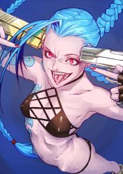 Rule 34 | 1girl, antenna hair, ass, bikini, black bikini, blue hair, braid, choker, covered erect nipples, crazy eyes, deathwingxiii, dual wielding, earrings, eyeliner, fang, fingerless gloves, flat ass, flat chest, from above, gloves, gradient background, gun, gun to head, handgun, holding, holding gun, holding weapon, jewelry, jinx (league of legends), jpeg artifacts, league of legends, lips, long hair, makeup, middle finger, nail polish, navel, nose, pistol, pointing, pointing at self, red eyes, solo, swimsuit, tattoo, tongue, tongue out, twin braids, very long hair, weapon