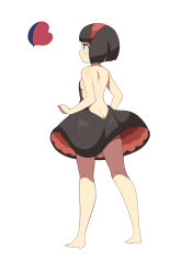 Rule 34 | 1girl, absurdres, backless dress, backless outfit, bare arms, bare shoulders, barefoot, black dress, black hair, blue eyes, blunt bangs, blush, bob cut, breasts, brown hairband, butt crack, closed mouth, dress, full body, hairband, heart, highres, looking away, no bra, no panties, original, profile, short hair, shoulder blades, sideboob, simple background, small breasts, solo, standing, strapless, strapless dress, surio, white background