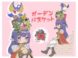 Rule 34 | 1girl, basket on head, bird, blue bird, blue eyes, blunt bangs, blush, boots, bow, braid, breasts, brown dress, brown footwear, cape, cleavage, closed mouth, commentary request, creator (ragnarok online), dress, expressionless, filir (ragnarok online), flower, flower basket, flower in mouth, french braid, full body, fur-trimmed footwear, fur trim, gloves, highres, large breasts, long hair, love-kun, medium bangs, multiple views, pink background, pink flower, pointy ears, purple flower, purple hair, ragnarok online, red bow, red cape, red flower, short dress, sitting, translation request, upper body, white gloves, yellow flower