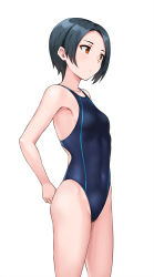Rule 34 | 1girl, black hair, black one-piece swimsuit, breasts, collarbone, competition swimsuit, covered navel, cowboy shot, hashi, one-piece swimsuit, original, red eyes, short hair, simple background, small breasts, solo, standing, swimsuit, white background