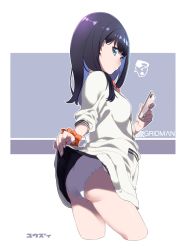 Rule 34 | 10s, 1girl, ?, artist name, ass, black hair, black skirt, blue eyes, blush, breasts, cardigan, cellphone, closed mouth, clothes lift, contrapposto, copyright name, cropped legs, from side, gridman universe, hand up, highres, holding, holding phone, lifted by self, long hair, looking at viewer, panties, pantyshot, phone, scrunchie, skirt, skirt lift, small breasts, smartphone, solo, spoken question mark, ssss.gridman, takarada rikka, underwear, white panties, wrist scrunchie, yuuzii
