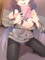 Rule 34 | 1girl, absurdres, bags under eyes, black hair, black pantyhose, blue archive, blush, cameltoe, cardigan, cellphone, commentary request, flat chest, hair between eyes, hair censor, head out of frame, heart, highres, holding, holding phone, long hair, long sleeves, low twintails, mirror, panties, pantyhose, partially undressed, phone, selfie, smartphone, solo, twintails, ui (blue archive), underwear, very long hair, wavy mouth, white panties, yunyu (kagawa261)