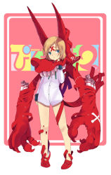 Rule 34 | 1girl, blonde hair, blue eyes, blush, claws, cross, dress shirt, english text, frown, highres, hood, hoodie, little red riding hood, little red riding hood (grimm), mary janes, open mouth, original, pixiv shadow 2, shirt, shoes, short hair, sleeves past wrists, solo, spray can, teeth, ter (otokoter), wolf