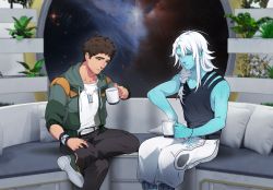 Rule 34 | 2boys, 700hash, alien, brahve (the symbiant), crossed legs, cup, danya (the symbiant), highres, long hair, looking at another, male focus, multiple boys, open mouth, short hair, sitting, space, spacecraft, talking, the symbiant