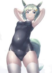 Rule 34 | 1girl, absurdres, alternate costume, animal ears, armpits, arms up, blue eyes, blue one-piece swimsuit, breasts, commentary request, cowboy shot, ear covers, gluteal fold, grey hair, hair ornament, hairclip, highres, horse ears, horse girl, horse tail, looking at viewer, one-piece swimsuit, saikuu, seiun sky (umamusume), short hair, simple background, single ear cover, small breasts, smile, solo, swimsuit, tail, thighhighs, umamusume, white background, white thighhighs