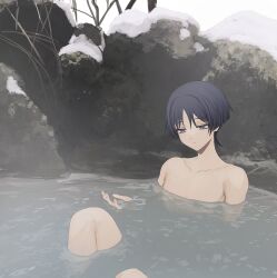 Rule 34 | 1boy, artist name, bare shoulders, blunt ends, branch, chinikuniku, collarbone, commentary, dated, day, fingernails, genshin impact, hand up, highres, looking down, male focus, mountain, no headwear, nude, outdoors, parted bangs, purple eyes, purple hair, rock, sauna, scaramouche (genshin impact), short hair, sitting, sky, snow, solo, steam, symbol-only commentary, teeth, water, watermark, white sky